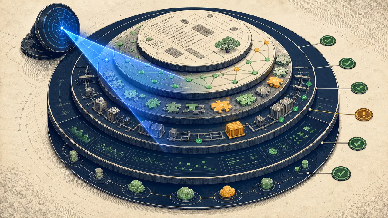 A layered software stack under a Node.js migration readiness scan